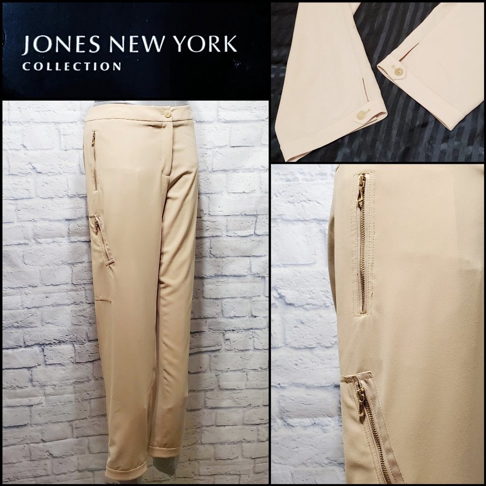 New! Jones NY Tan 6 Pocket Gold Zipper Dress Pants